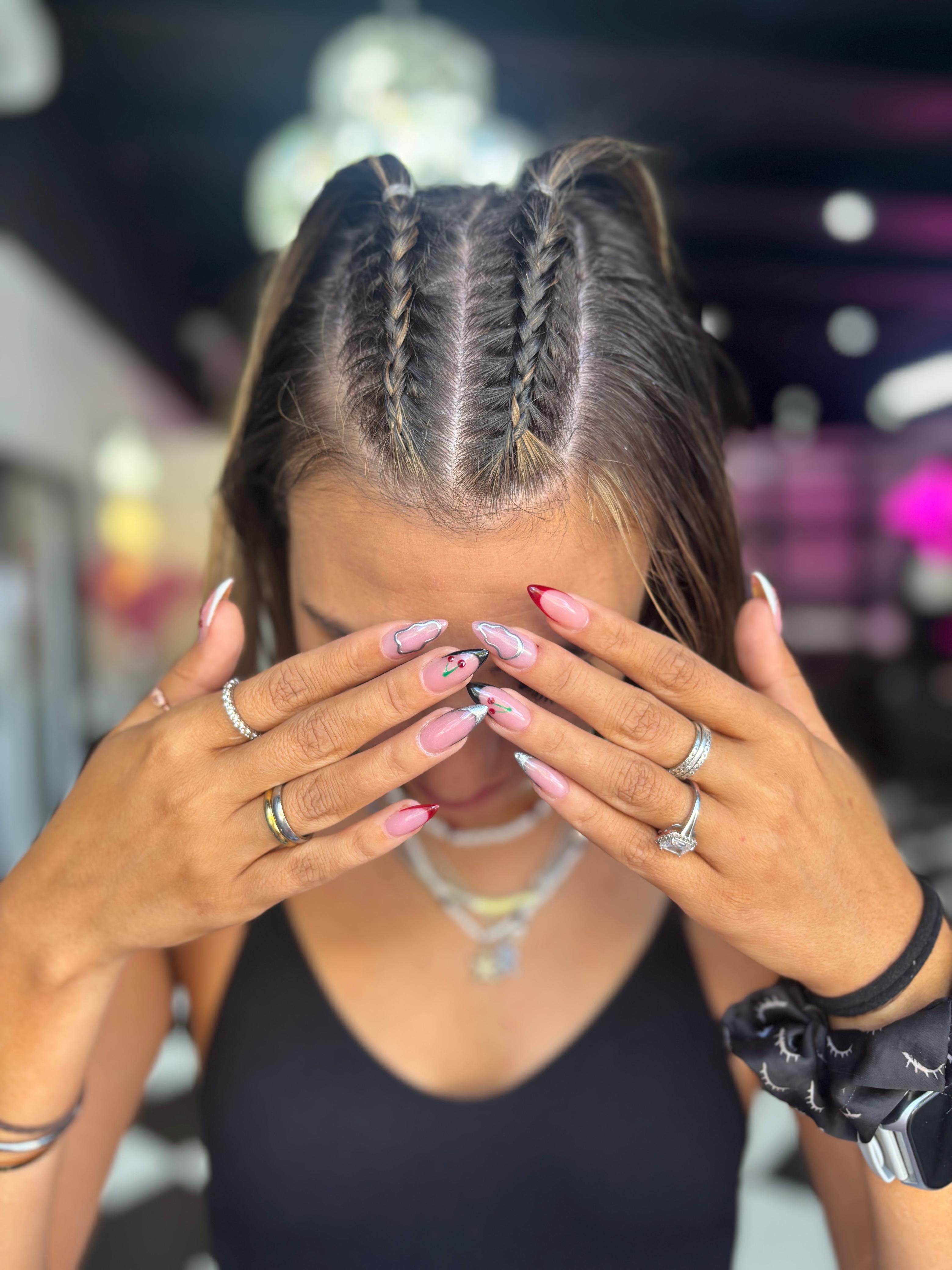 Polygel nails with hand-painted nail art